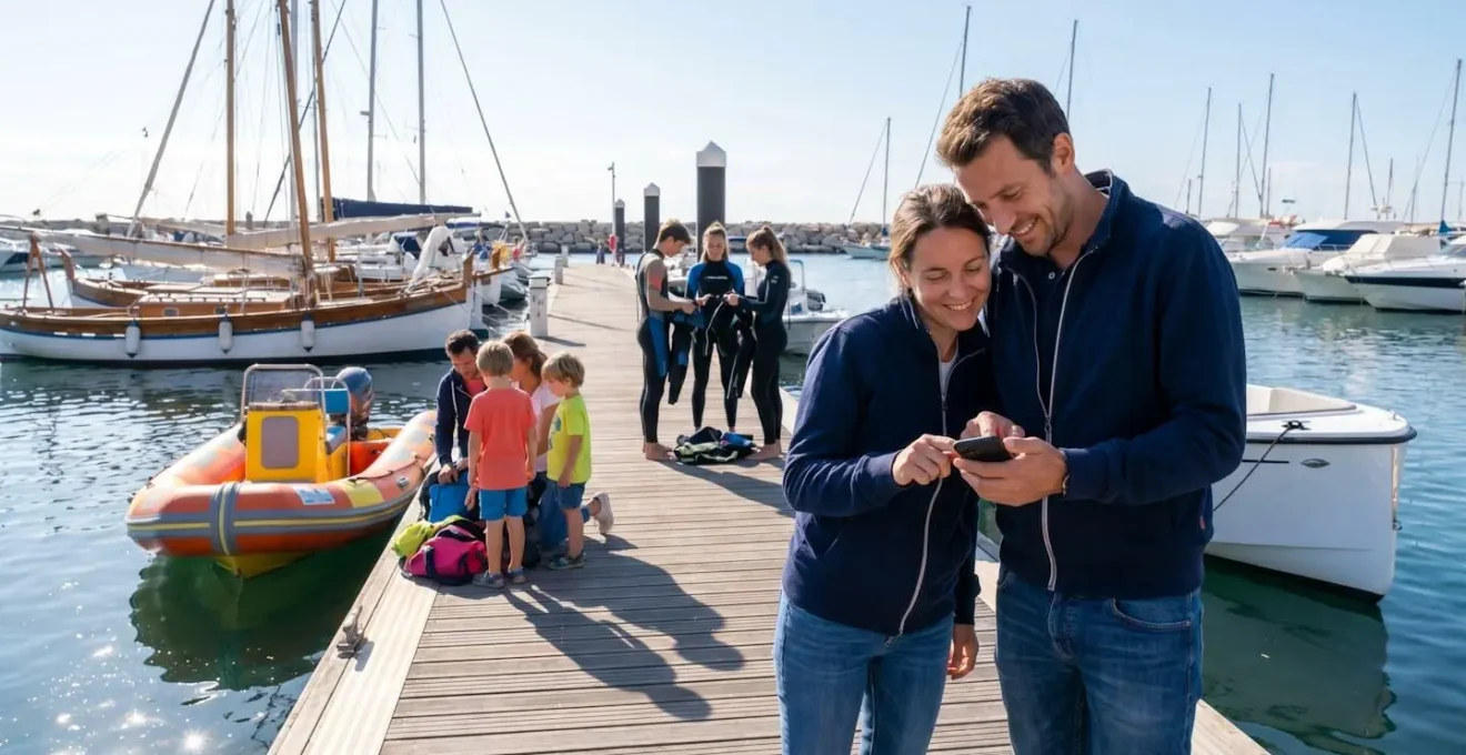 Jeune couple consultant une application nautique dans un port de plaisance moderne méditerranéen, entouré de bateaux variés et de plusieurs générations de plaisanciers