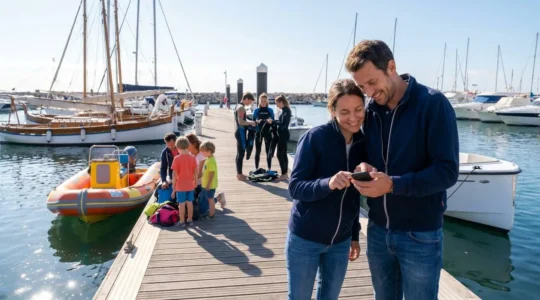 Jeune couple consultant une application nautique dans un port de plaisance moderne méditerranéen, entouré de bateaux variés et de plusieurs générations de plaisanciers