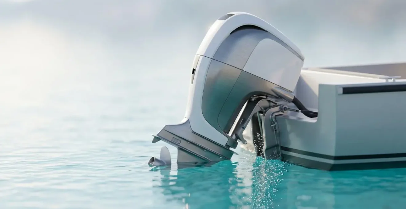 Gros plan d'un moteur hors-bord électrique moderne immergé dans une eau turquoise, symbolisant l'innovation et la transition écologique de la plaisance